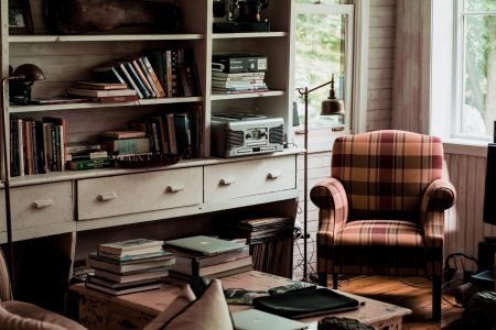 Ramona Aline home estate support photo. Dim room with bookshelf and plaid chair