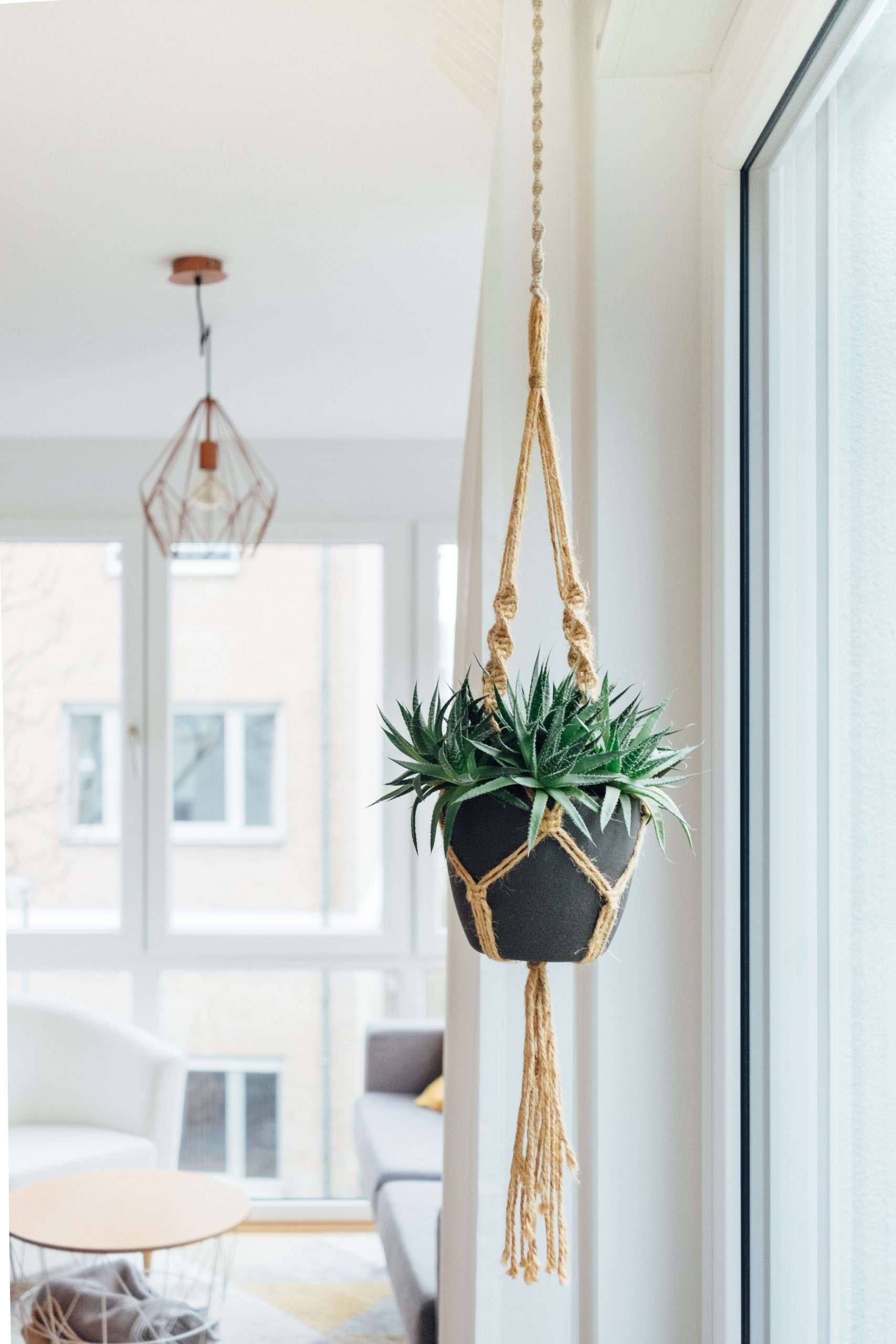 white interior home with plant hanging in brown macrame and grey pot. Ramona Aline Home loves using plants as decor